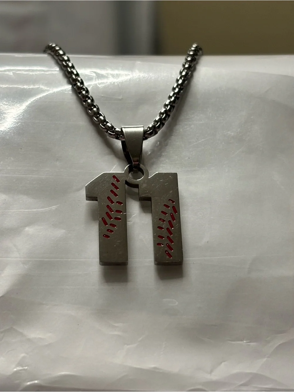 Sliver Number '11' Pendant Necklace with Baseball Red Stitch Detailing